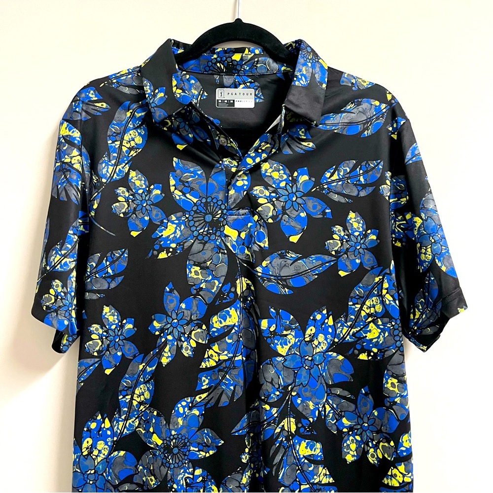 PGA Tour Men's Botanical Short Sleeve Polo Blue Black Size Medium‎ - Picture 2 of 4